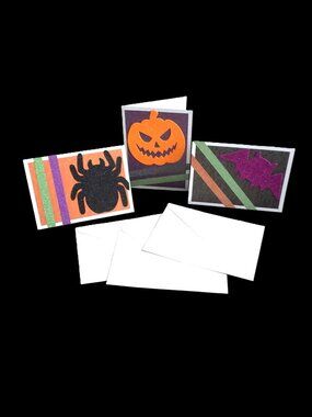3 Halloween Handmade Greeting Cards 5x7 White Large Glitter Embellished